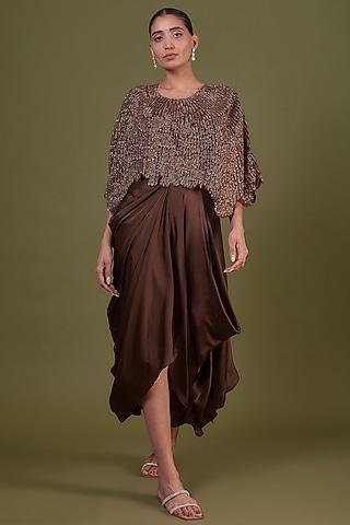 brown organza embroidered cape set