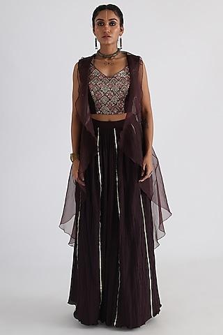 brown organza embroidered cape set