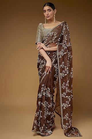 brown organza embroidered saree set