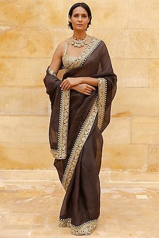 brown organza hand embroidered saree set