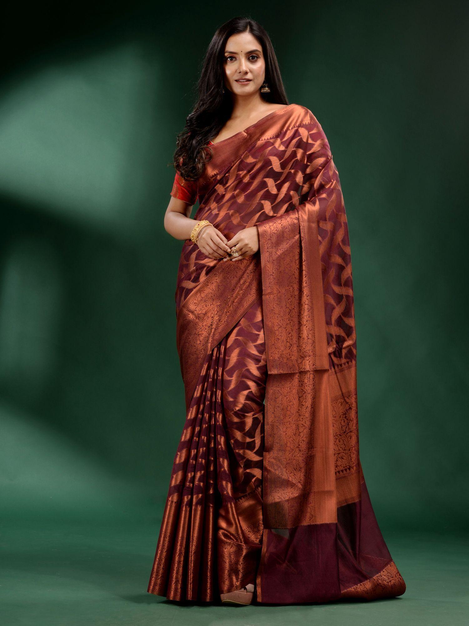 brown organza handwoven soft saree with unstitched blouse