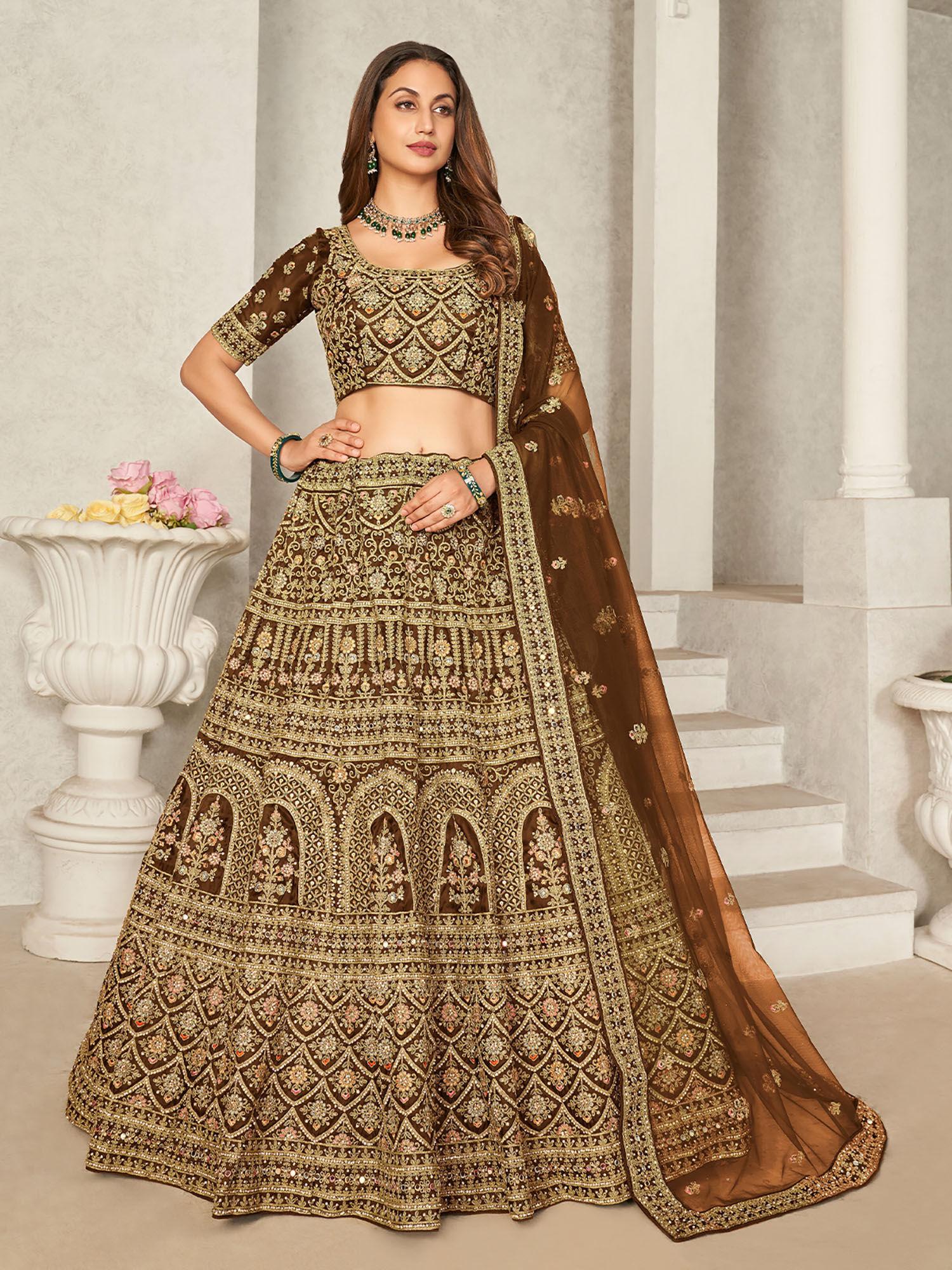 brown organza net embroidered semi stitched lehenga with unstitched blouse (set of 3)