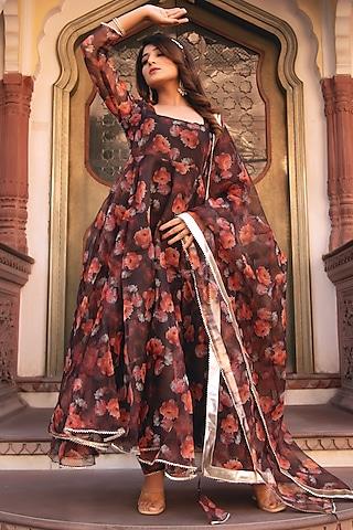 brown organza printed anarkali set