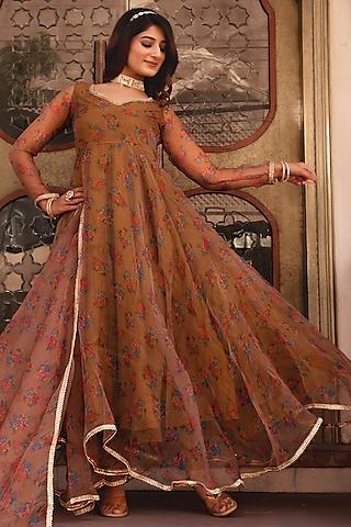 brown organza printed anarkali set