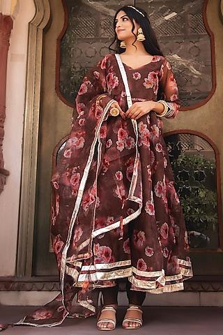 brown organza printed anarkali set