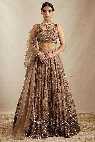 brown organza silk & crepe jaal embroidered lehenga set