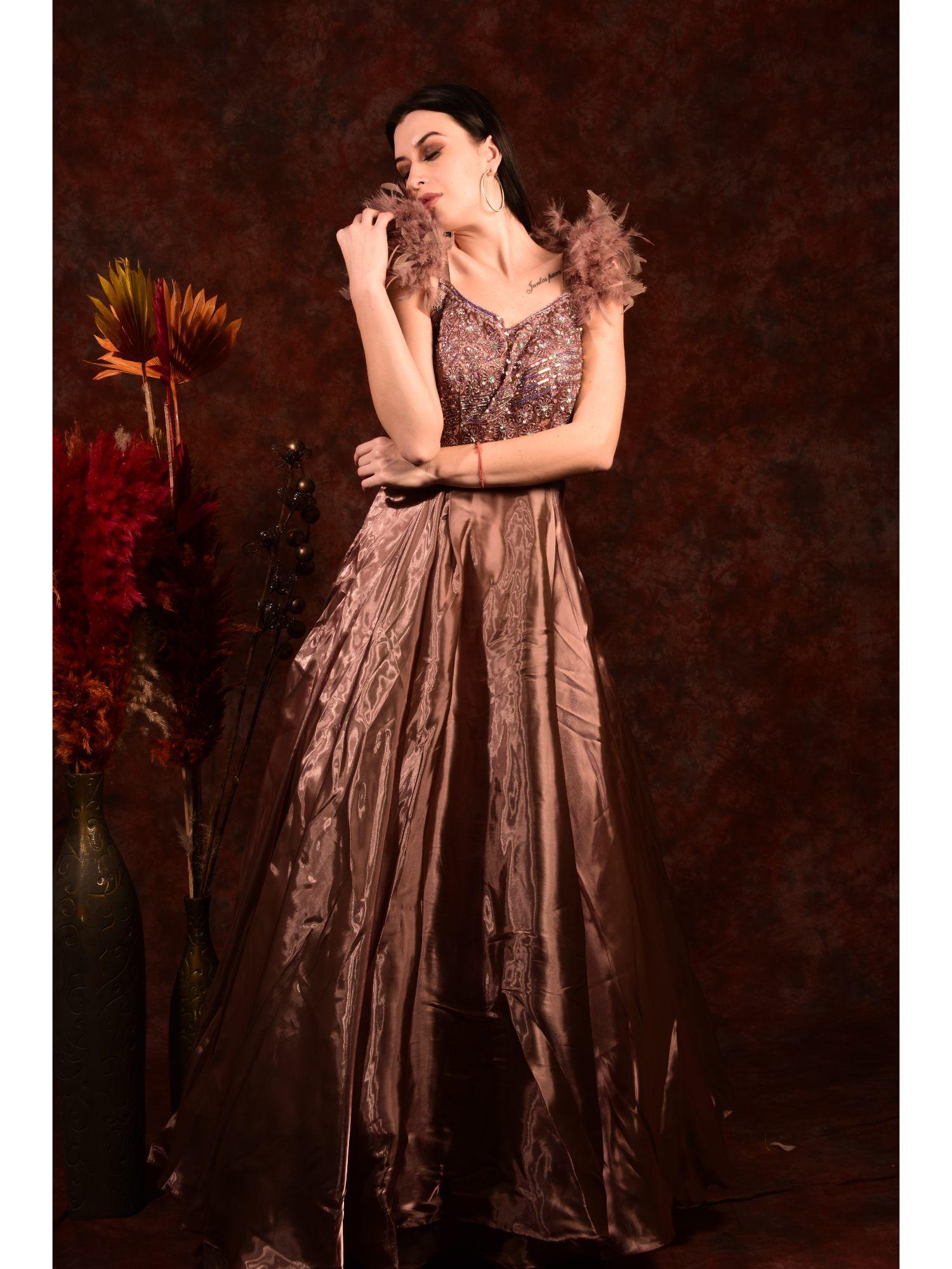 brown organza tissue gown with sequins