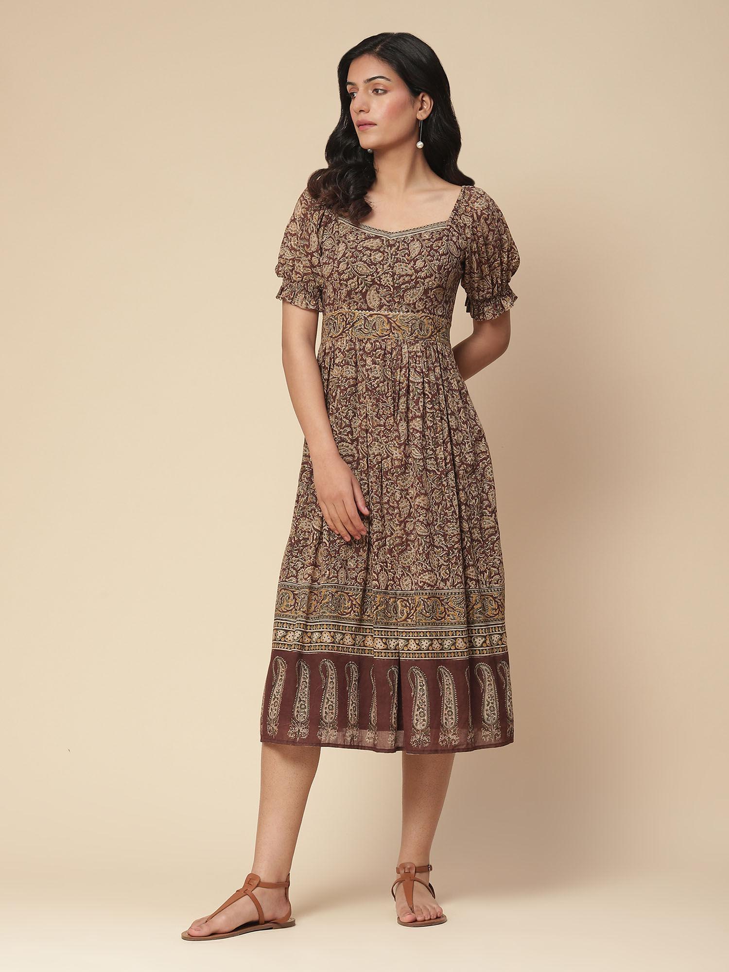 brown paisley print midi dress