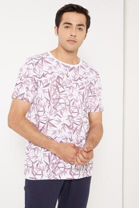 brown palm leaves beach print crew neck cotton t-shirt - pink