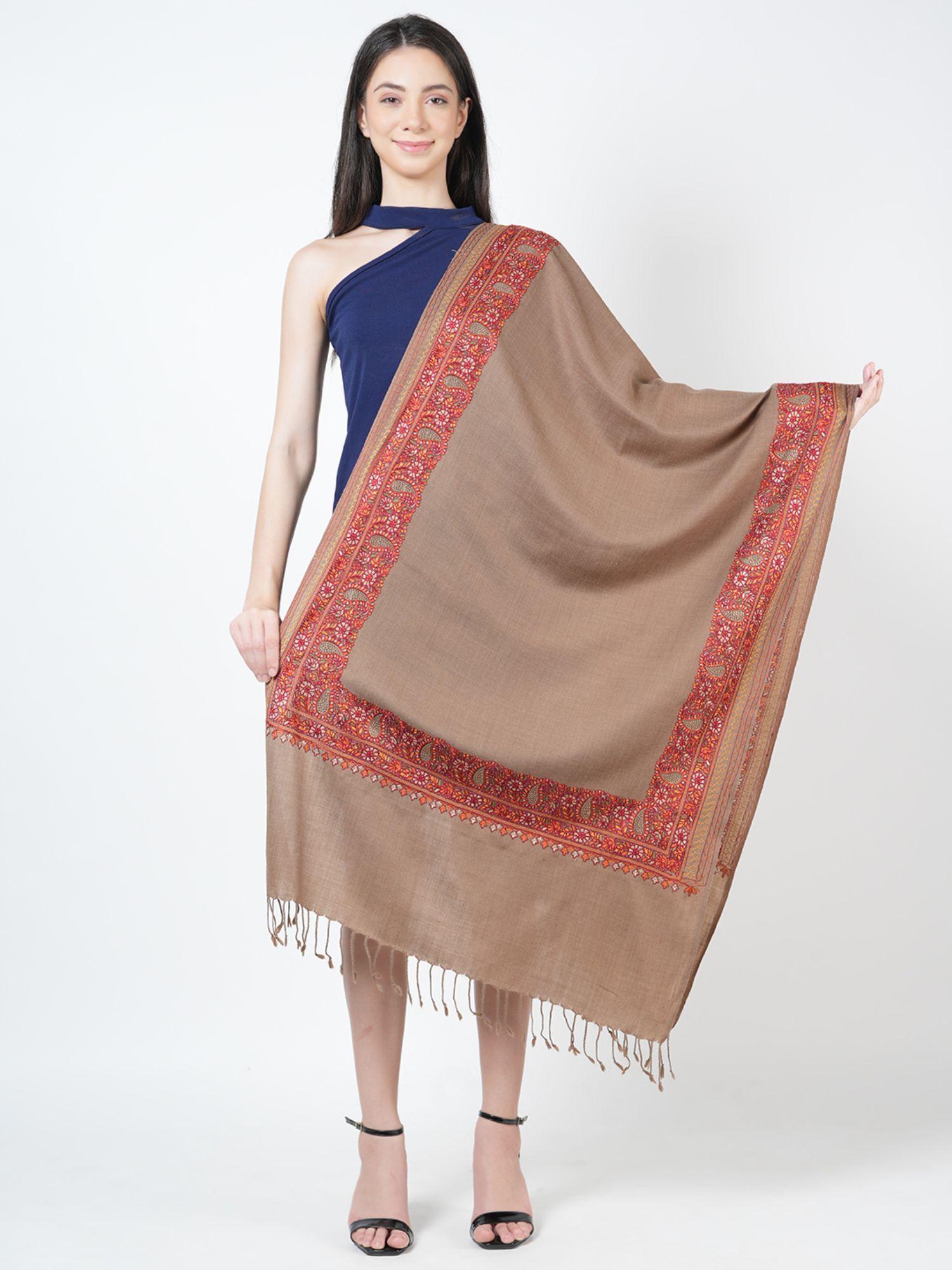 brown pashmina fine wool nanki border embroidered tassels work stole