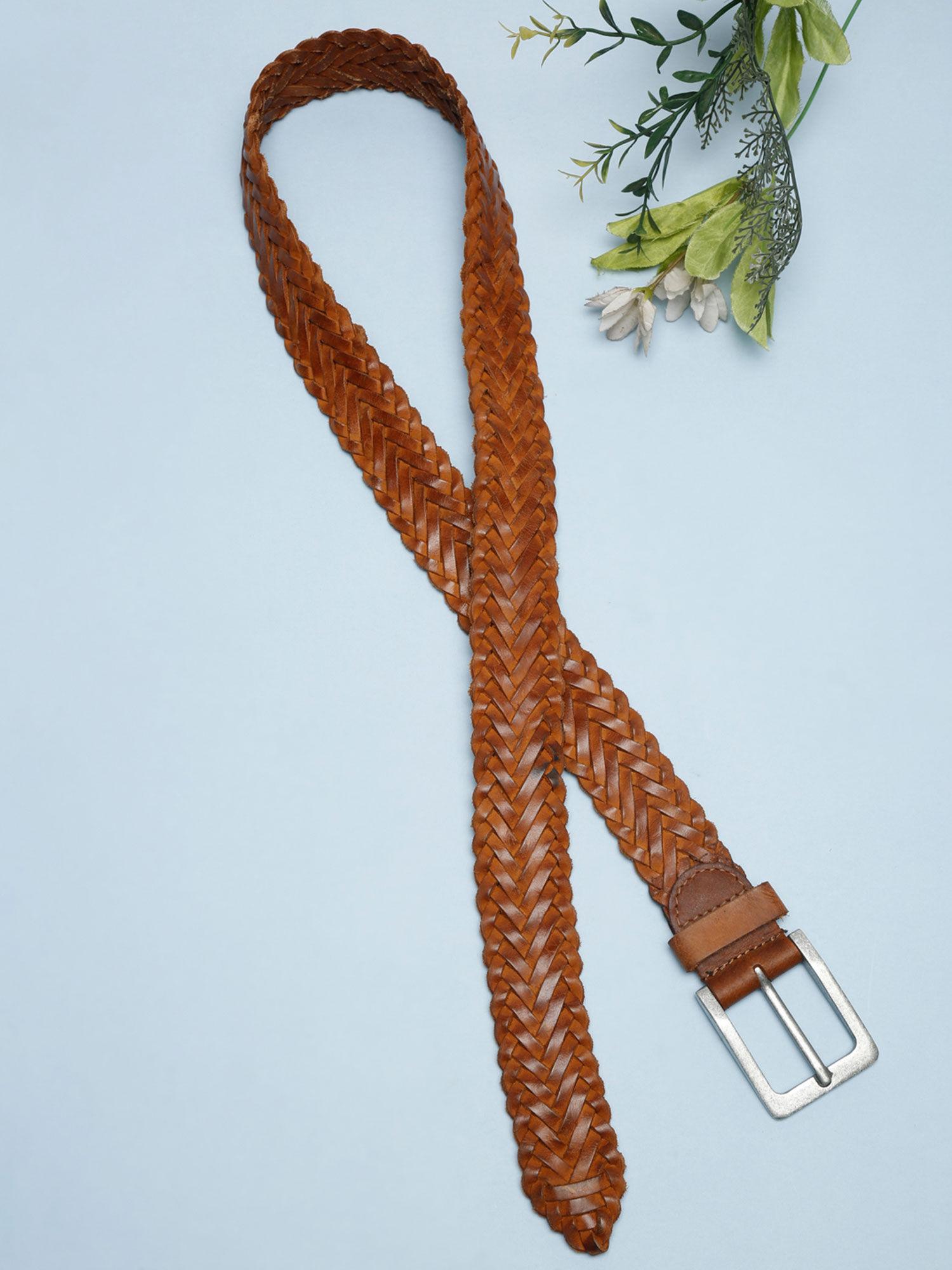brown patterned genuine leather braided belt