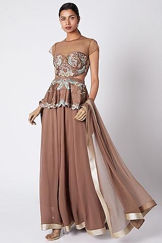 brown peplum blouse with skirt & dupatta