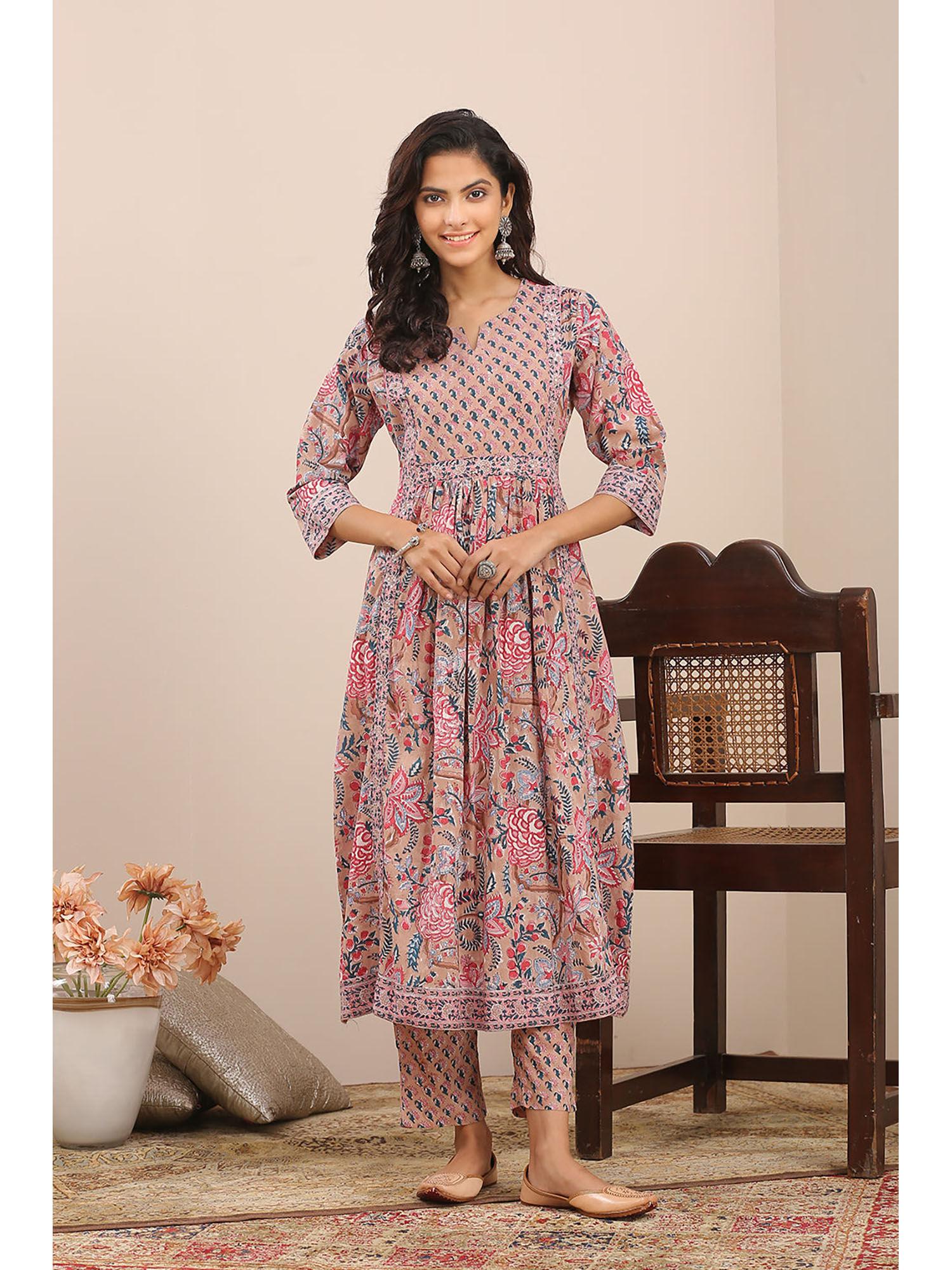 brown pink hand block printed a line kurta