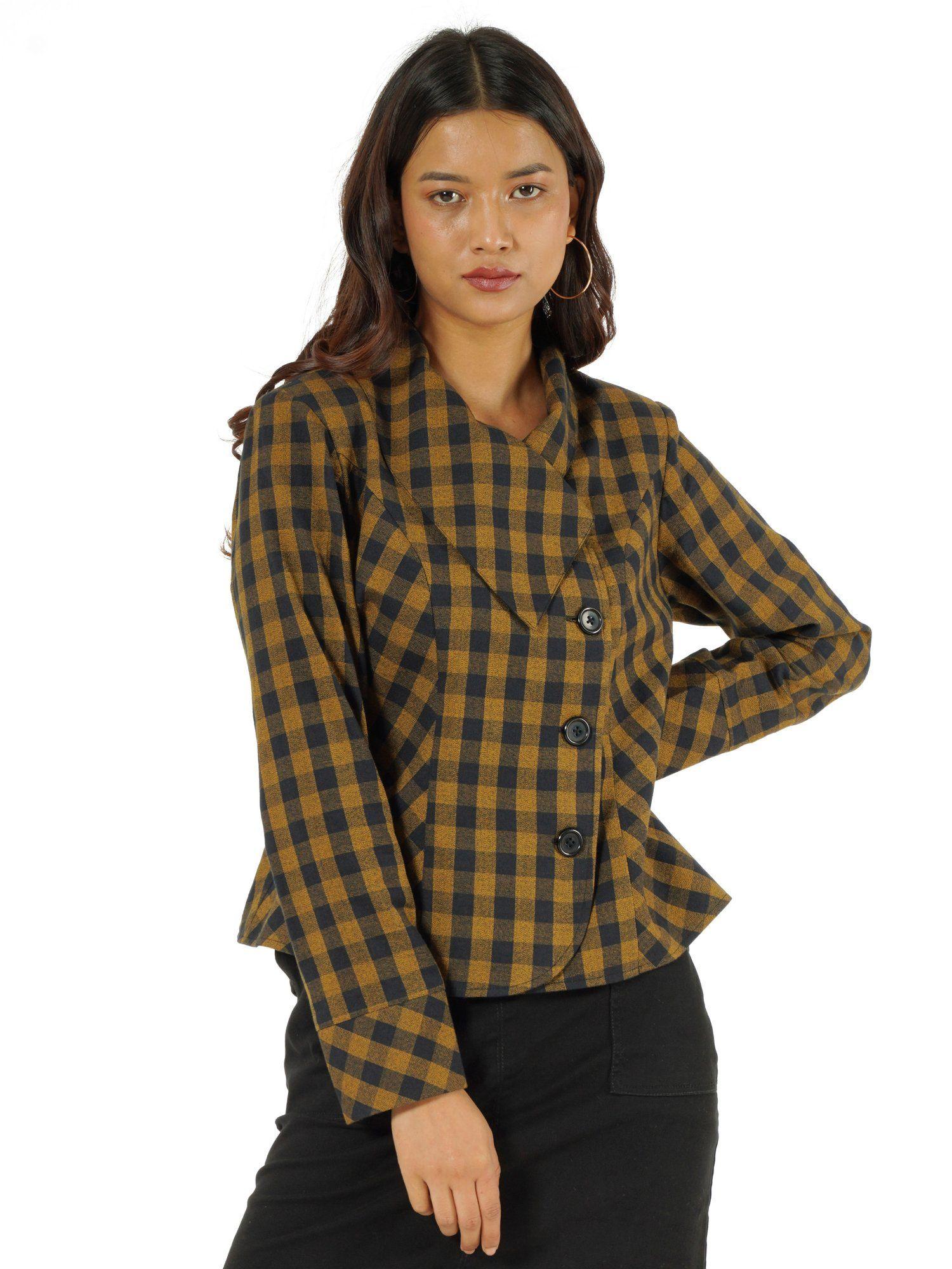 brown plaid checks yarn dyed cotton jacket