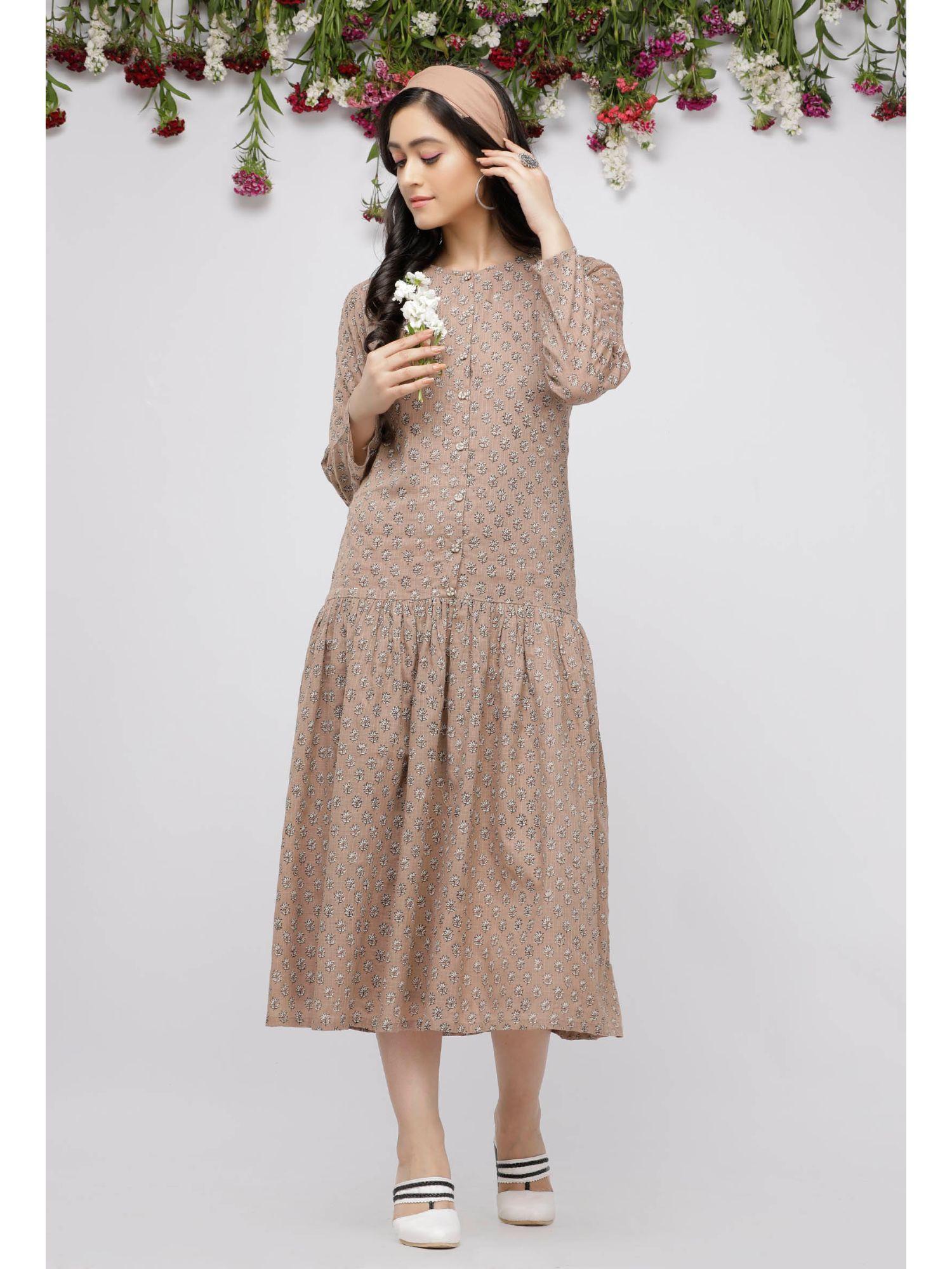 brown pleated kota hand-block printed dress