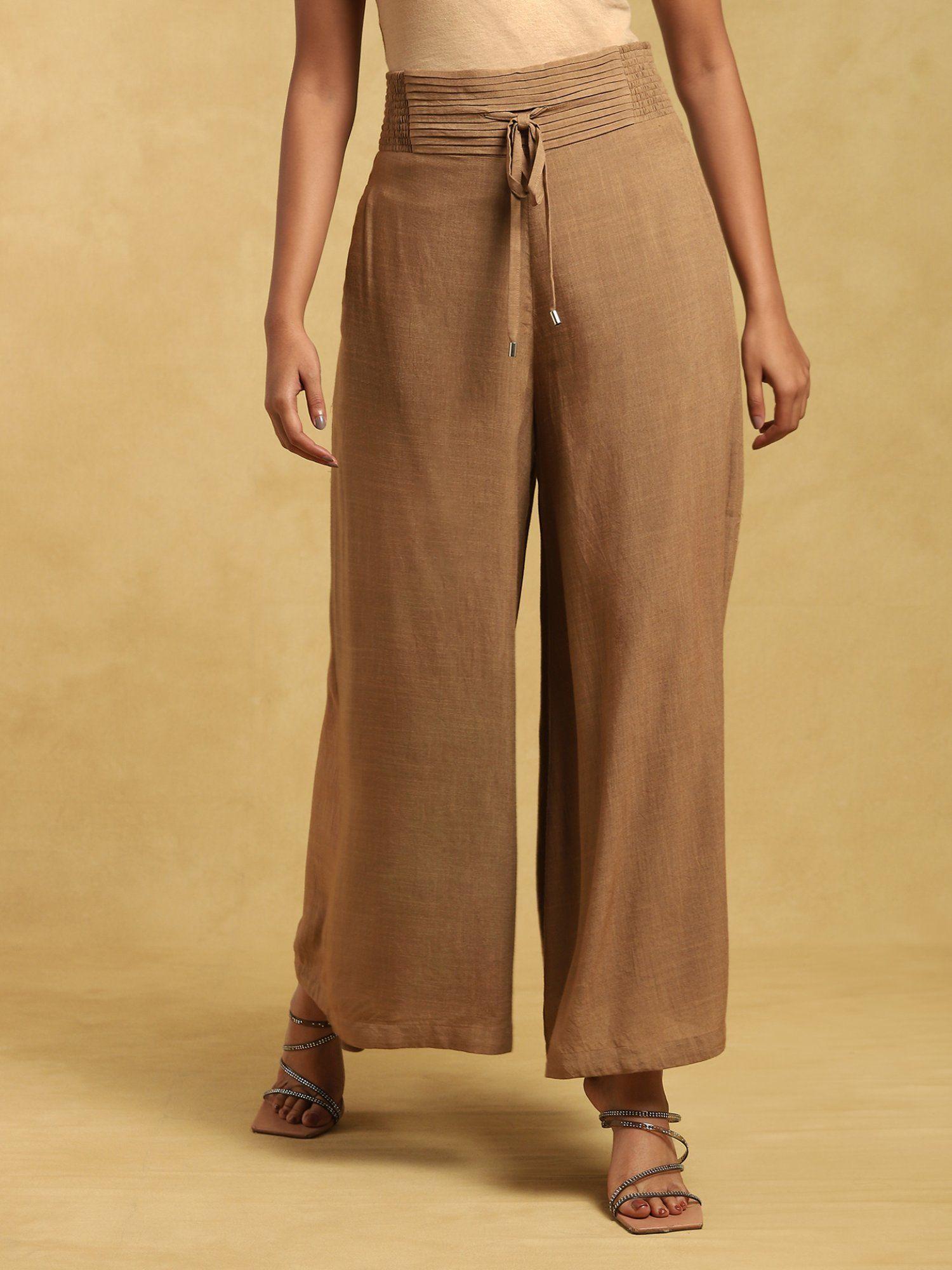 brown pleated waist flared palazzo