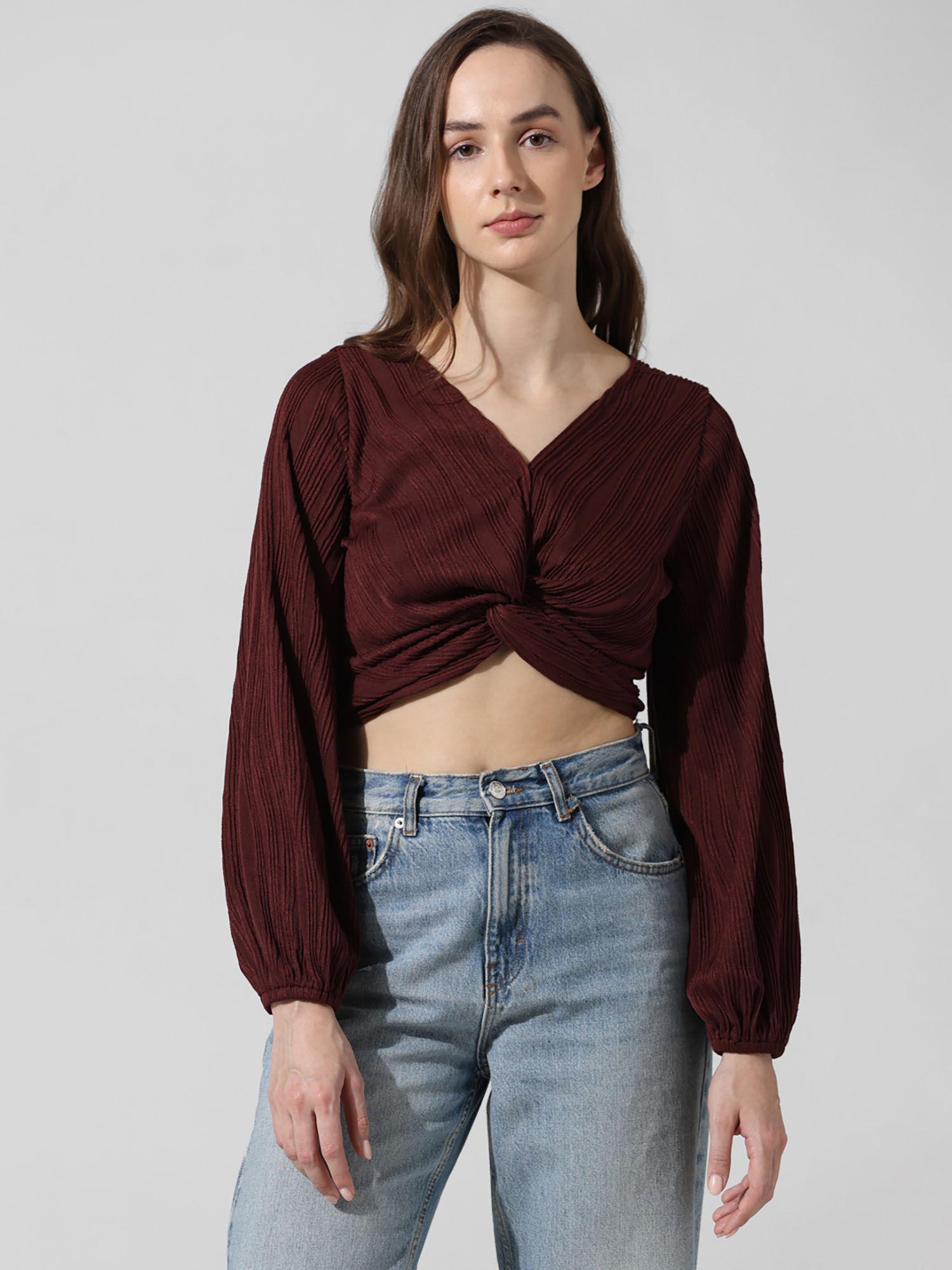 brown plisses knot crop top