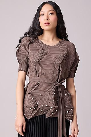 brown polyester 3d pearl top with belt