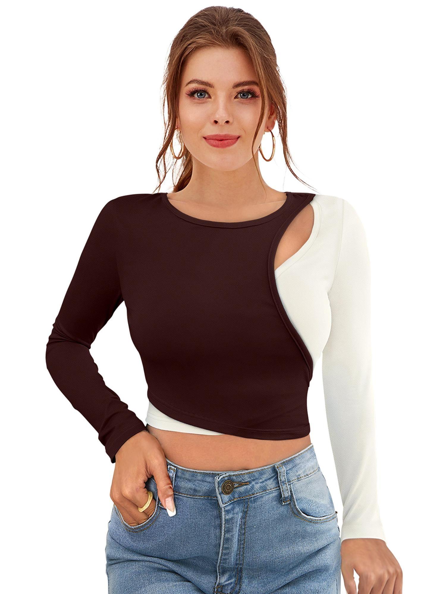 brown polyester solid crop top for women