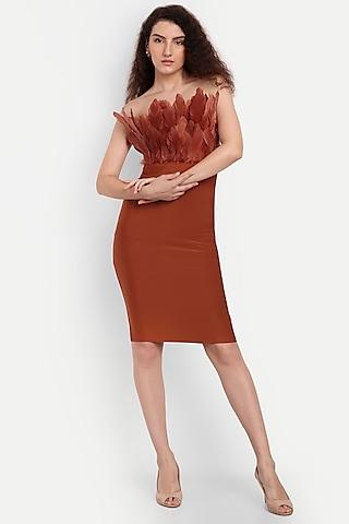 brown polyester spandex bodycon midi dress