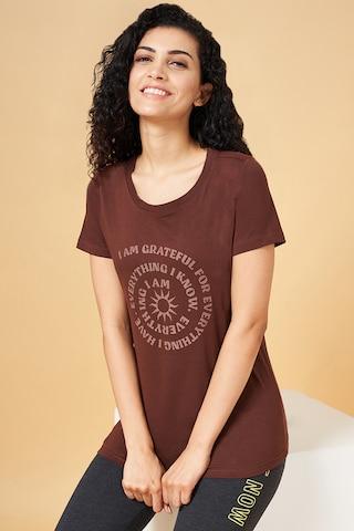 brown print active wear half sleeves round neck women regular fit t-shirt