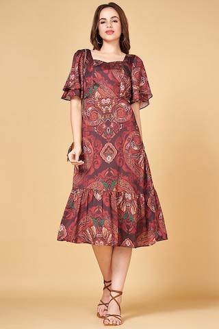 brown print calf-length  casual women slim fit  dress