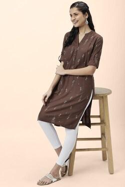 brown print casual v neck half sleeves knee length women regular fit kurta