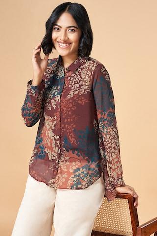 brown print viscose georgette regular collar women comfort fit tunics