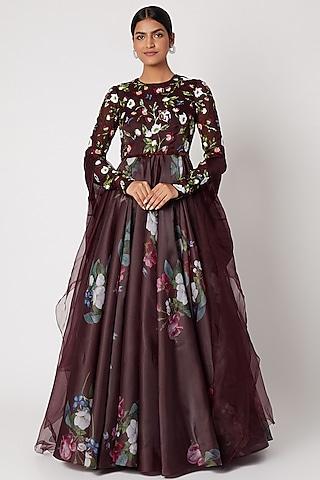 brown printed & embellished anarkali with dupatta