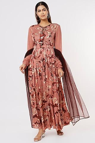 brown printed & embroidered anarkali set