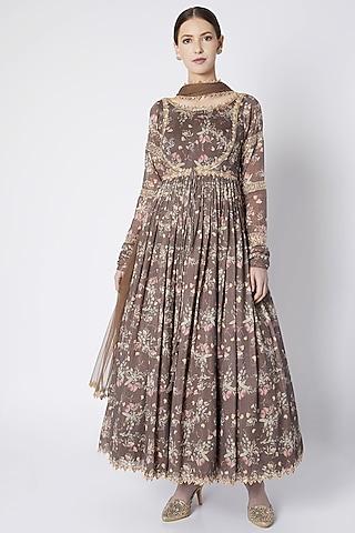 brown printed & embroidered anarkali with dupatta