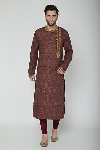 brown printed & embroidered kurta set