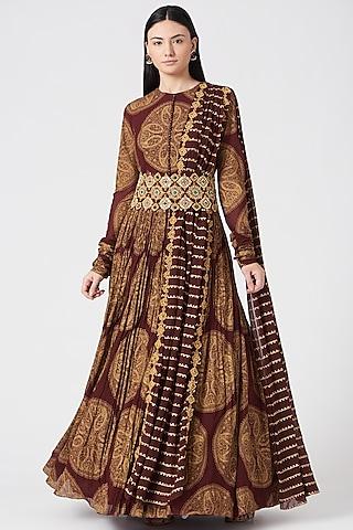 brown printed anarkali set