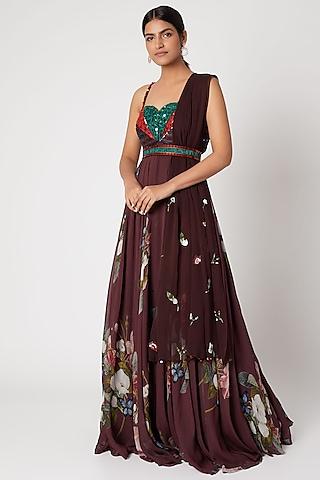 brown printed anarkali set