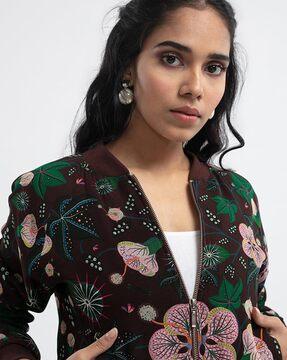 brown printed art georgette bomber jacket