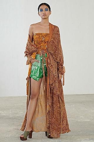 brown printed cape set