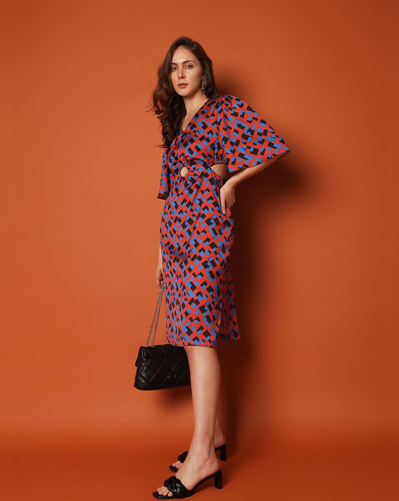 brown printed cut-out midi dress