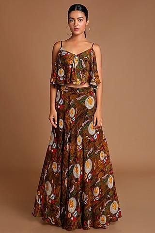 brown printed draped top with lehenga