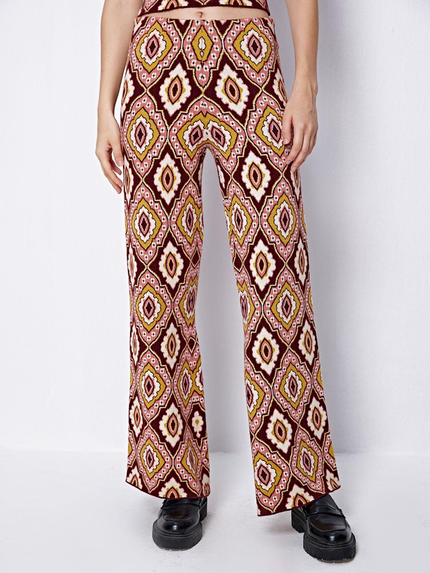 brown printed flared trousers