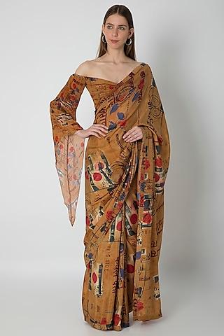 brown printed habutai silk saree set