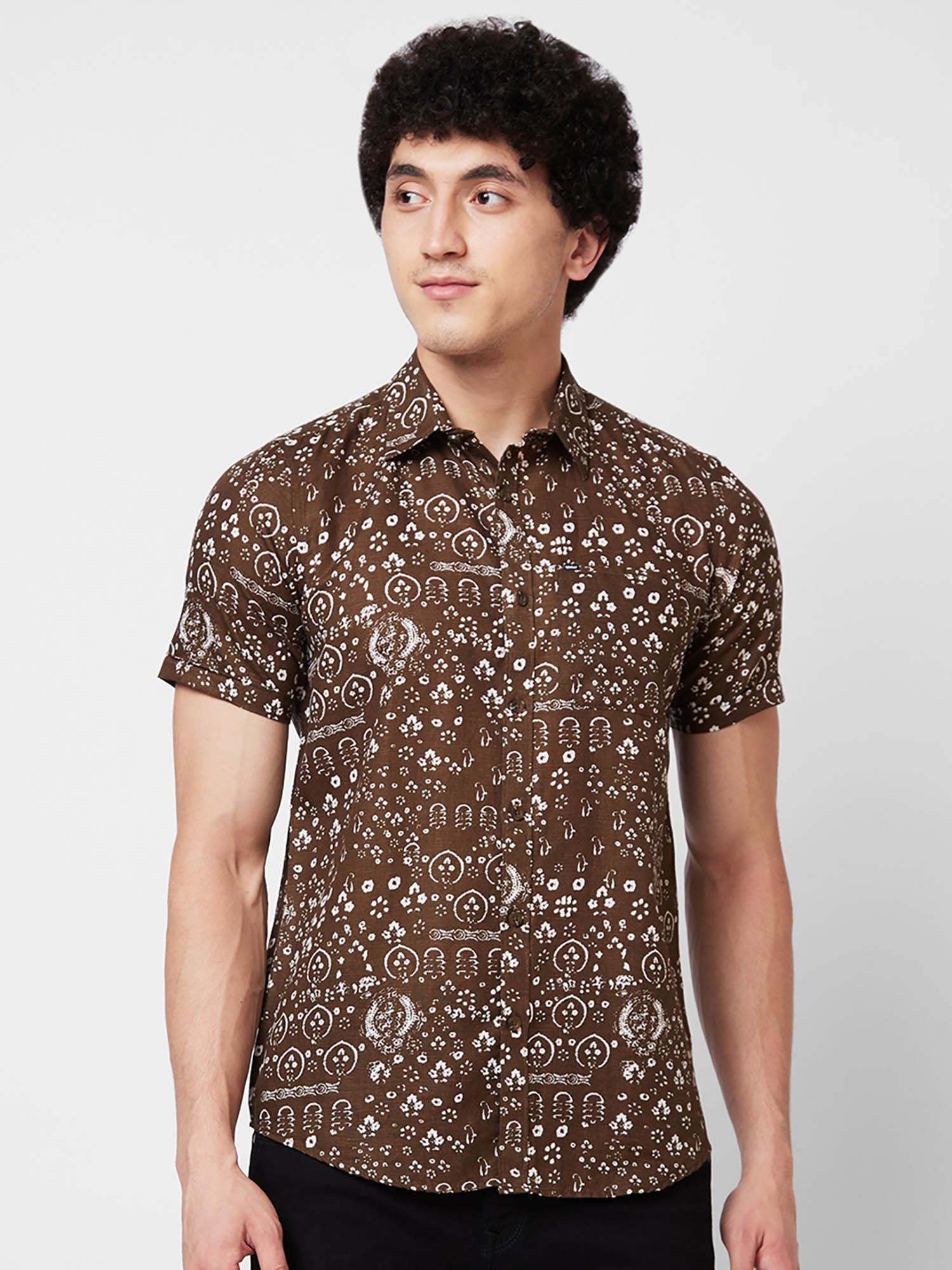 brown printed half sleeve shirt for men