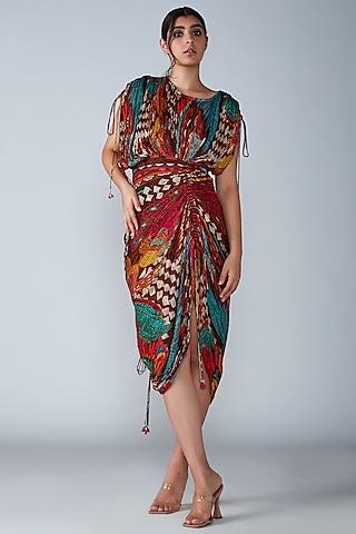 brown printed hand micro-pleated saree dress