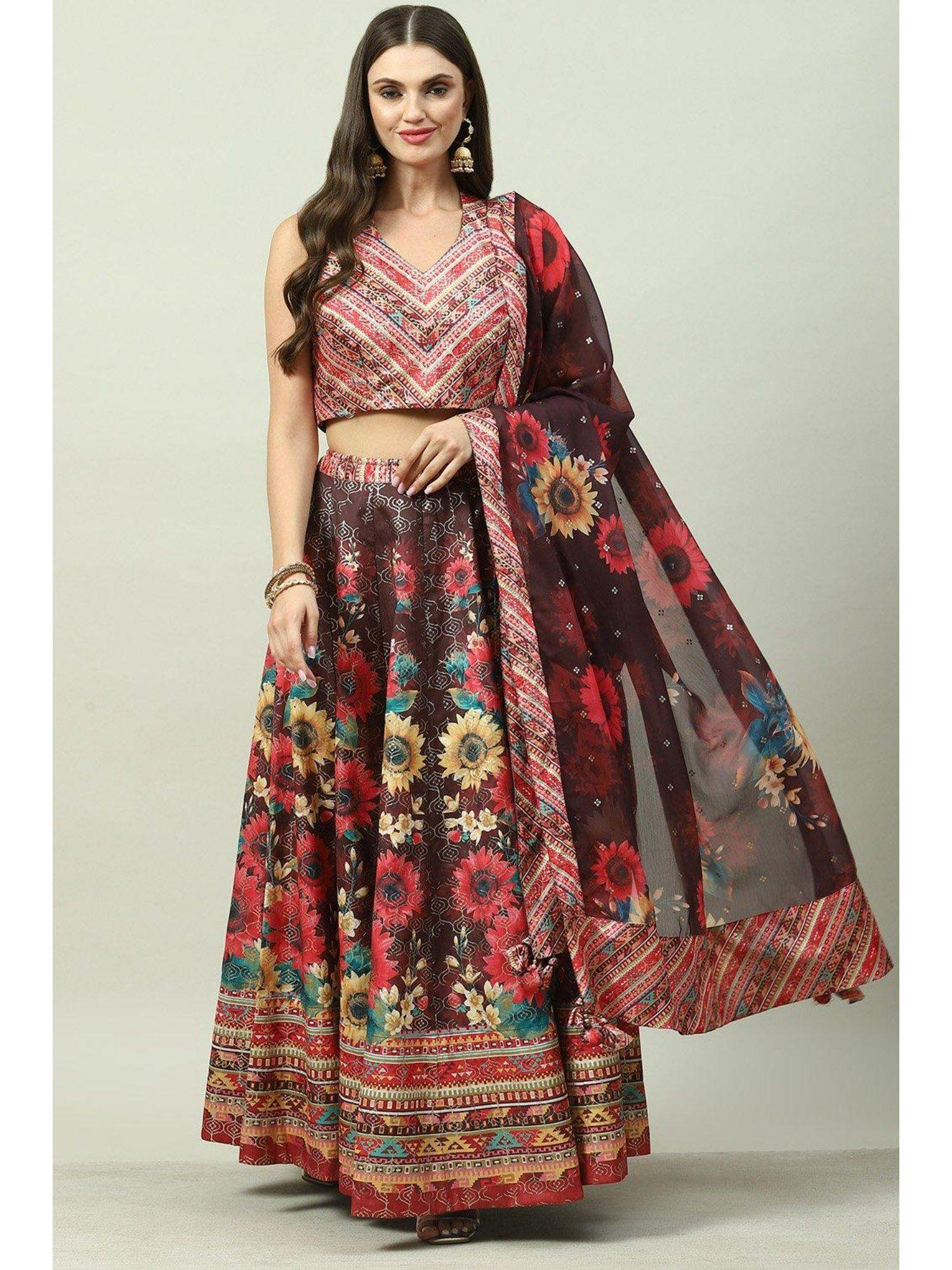 brown printed lehenga (set of 3)