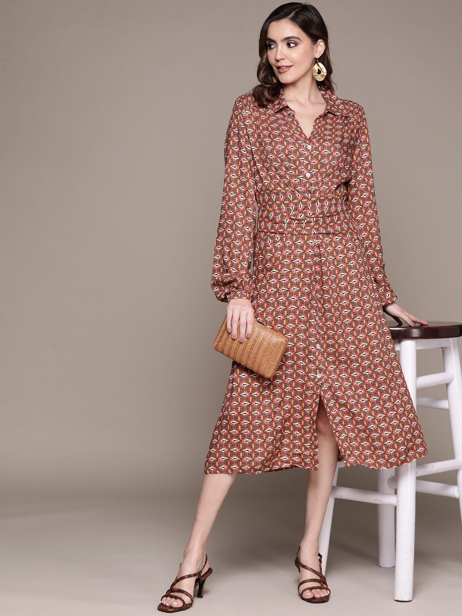 brown printed midi dress