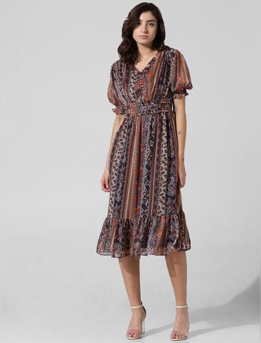 brown printed midi dress