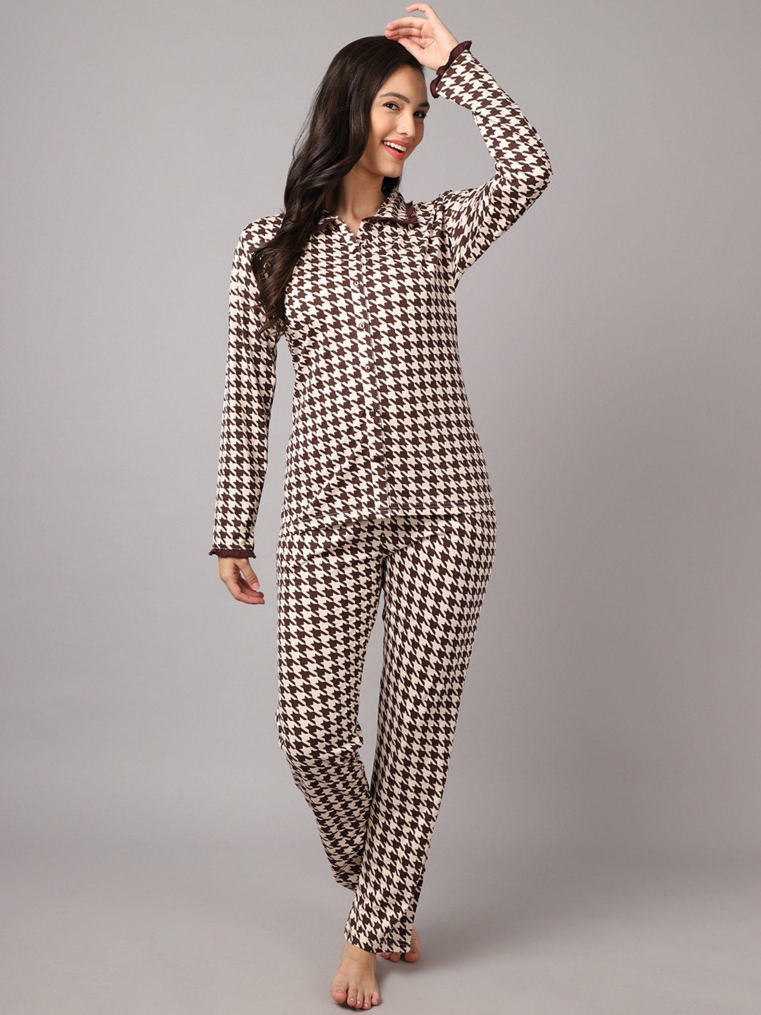 brown printed modal shirt & pyjama (set of 2)