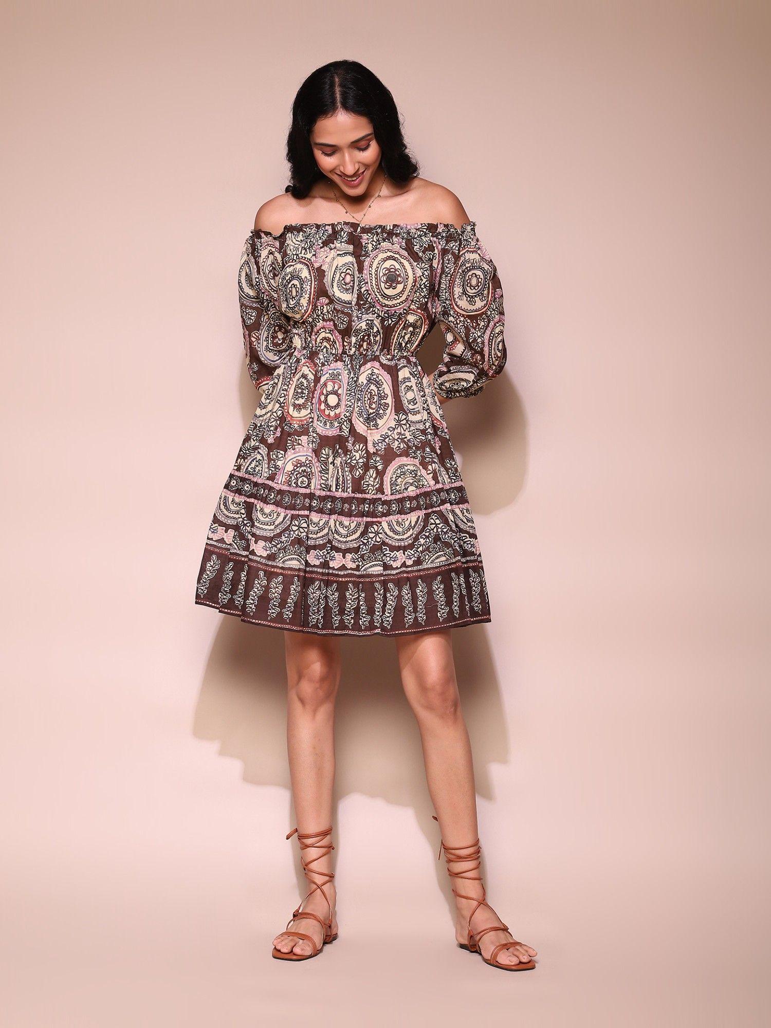 brown printed off shoulder short dress