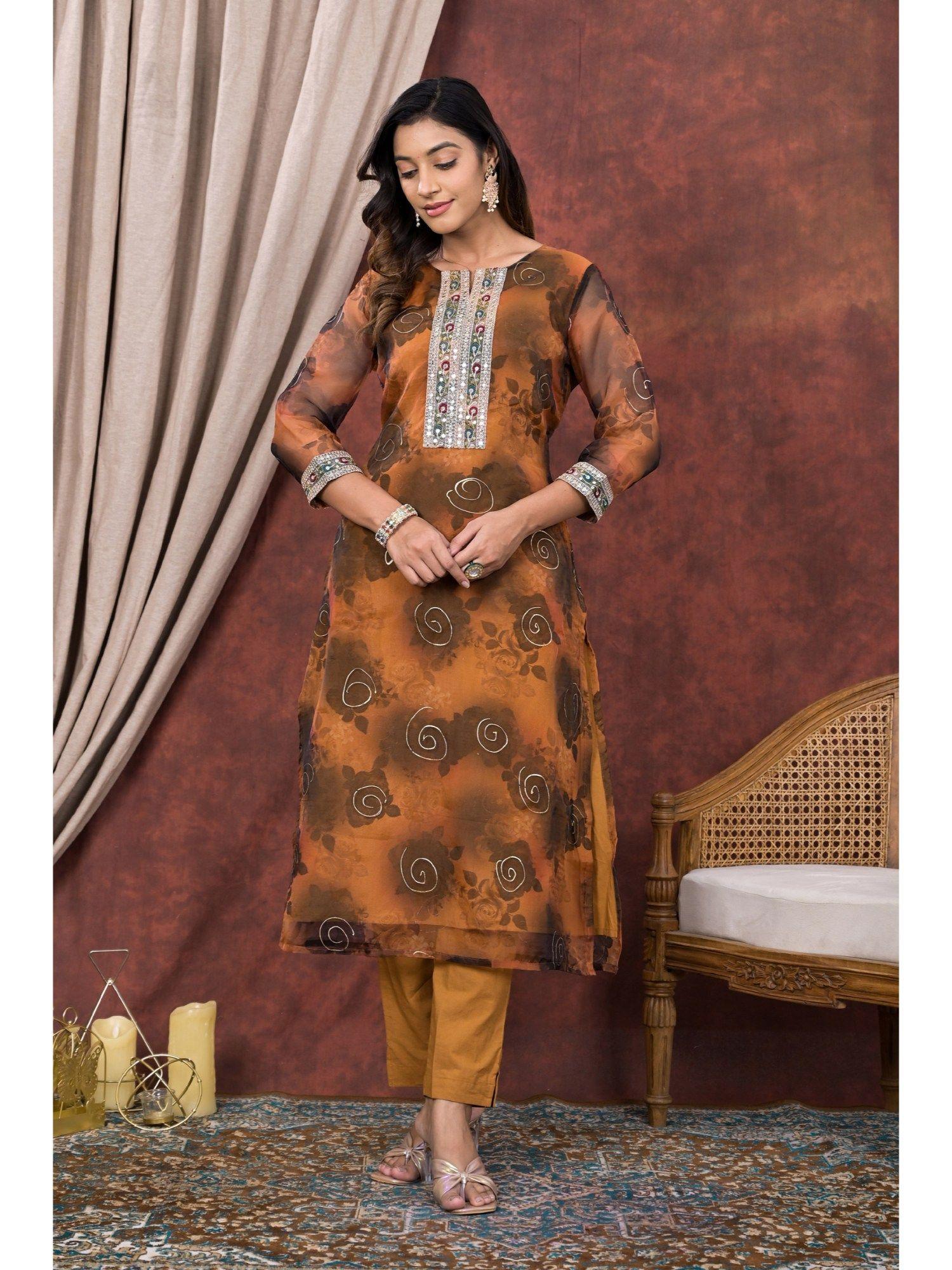 brown printed organza embroidered kurta with pant (set of 2)