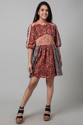 brown printed paneled dress for girls