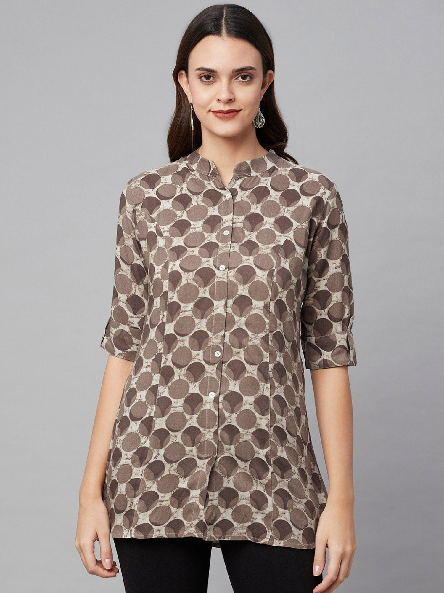 brown printed rayon a-line shirt style top